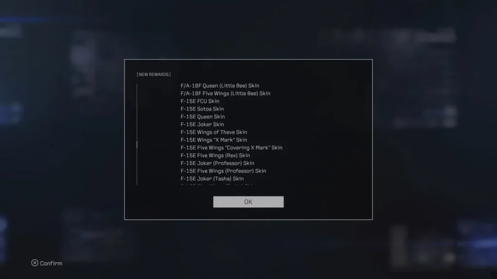 New Rewards screen listing skins unlocked after clearing the Ace Combat 8 campaign