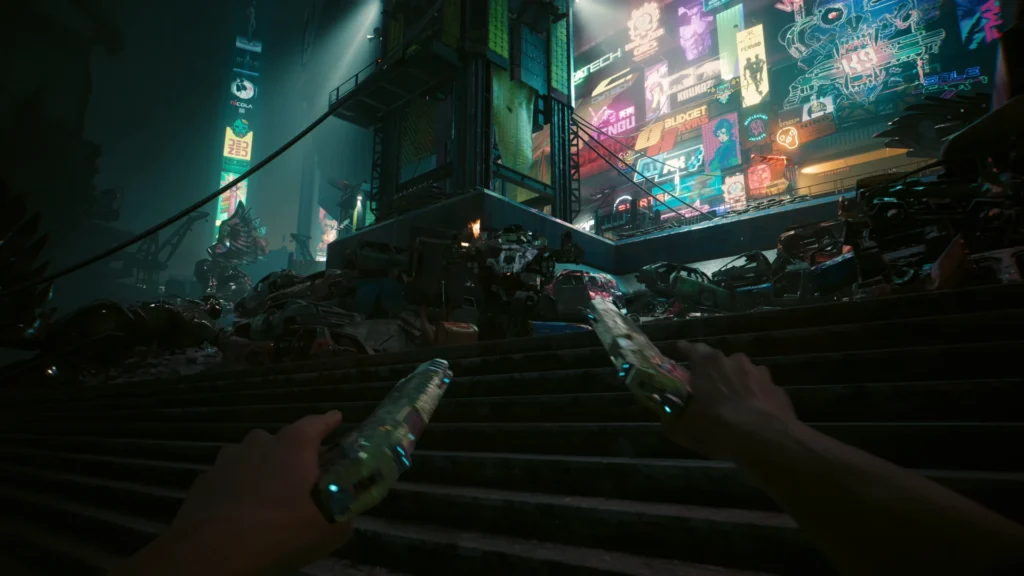Dual-wielding two pistols in a neon-lit Night City