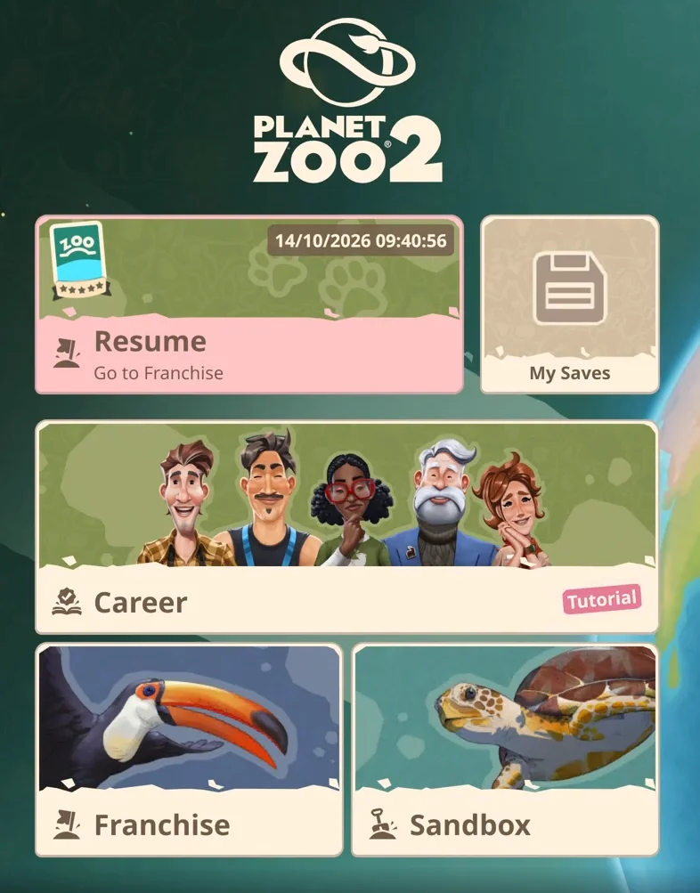 Planet Zoo 2 Franchise Mode menu showing Resume, Career, Franchise, and Sandbox options while troubleshooting the Franchise Mode not working bug