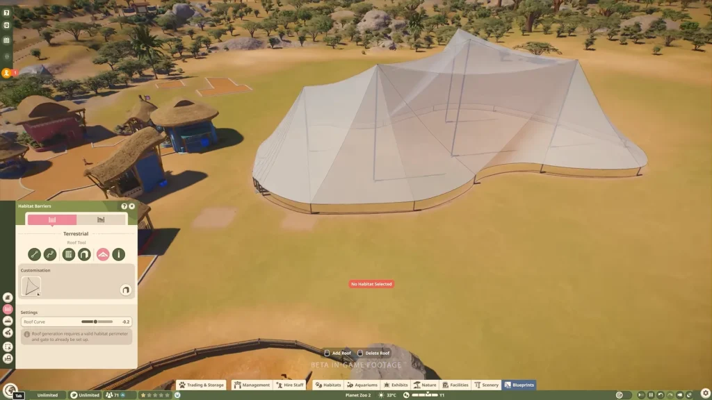 Planet Zoo 2 aviary Roof Tool preview showing a mesh covering, Roof Curve slider, and Add Roof option