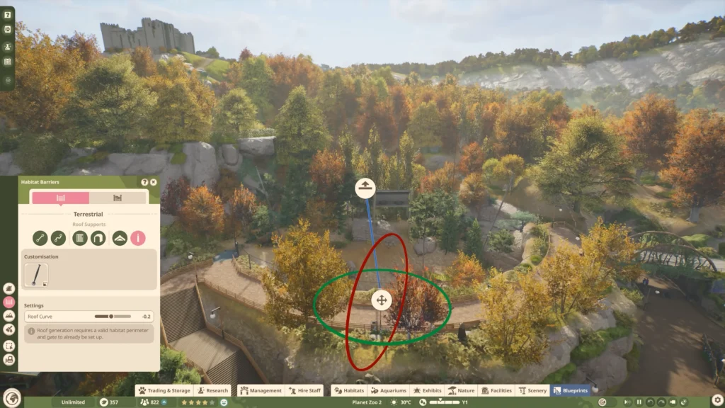 Planet Zoo 2 aviary roof support tool showing an adjustable support pole and the Roof Curve setting
