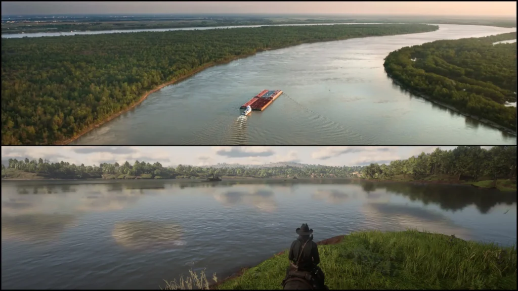 RDR2 Lannahechee River near Saint Denis compared with the Mississippi River in Louisiana