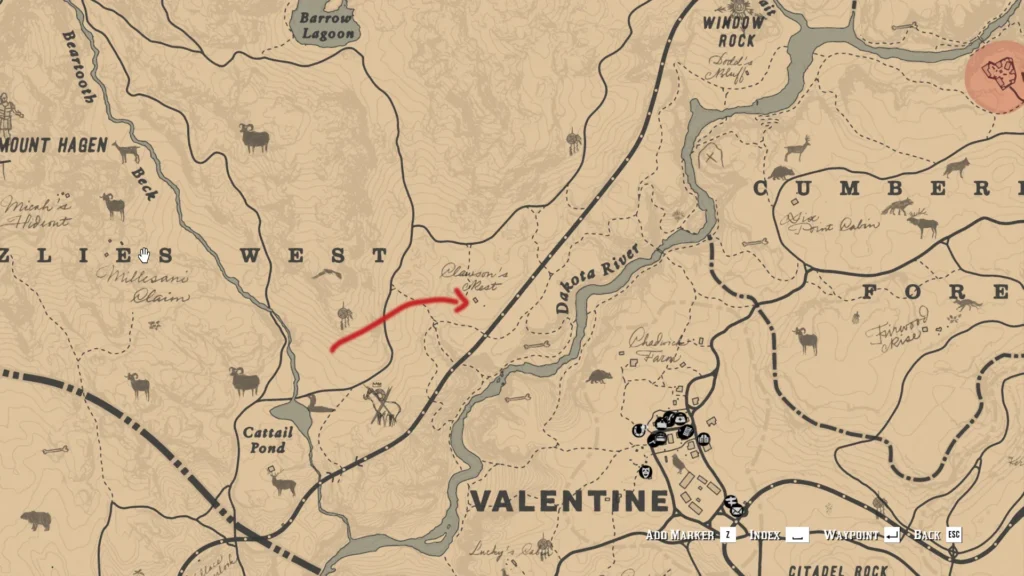 RDR2 Penny Dreadful Clawson's Rest location northwest of Valentine map