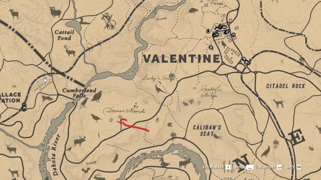 RDR2 Penny Dreadful Downes Ranch location southwest of Valentine map