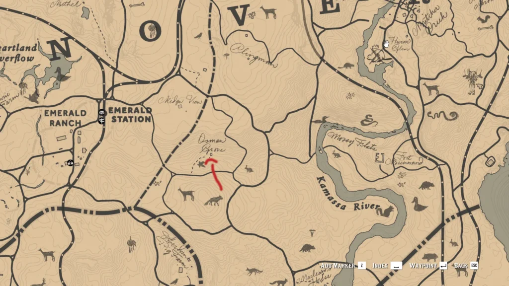 RDR2 Penny Dreadful Osman Grove location northeast of Emerald Ranch map