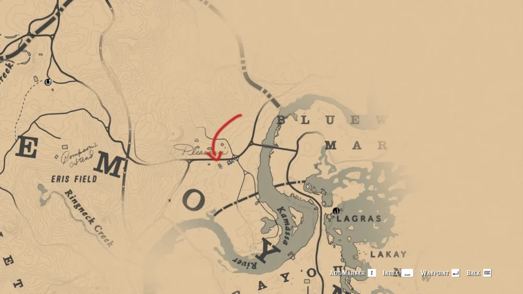 RDR2 Penny Dreadful Pleasance location map northeast of Eris Field in Lemoyne