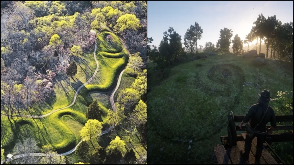RDR2 Serpent Mound compared with the real Serpent Mound in Ohio