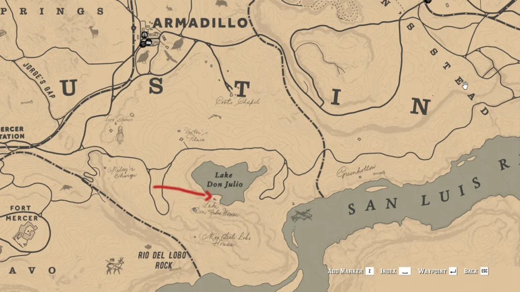 RDR2 True Tales of Frank Heck No. 102 location at Lake Don Julio House southeast of Armadillo