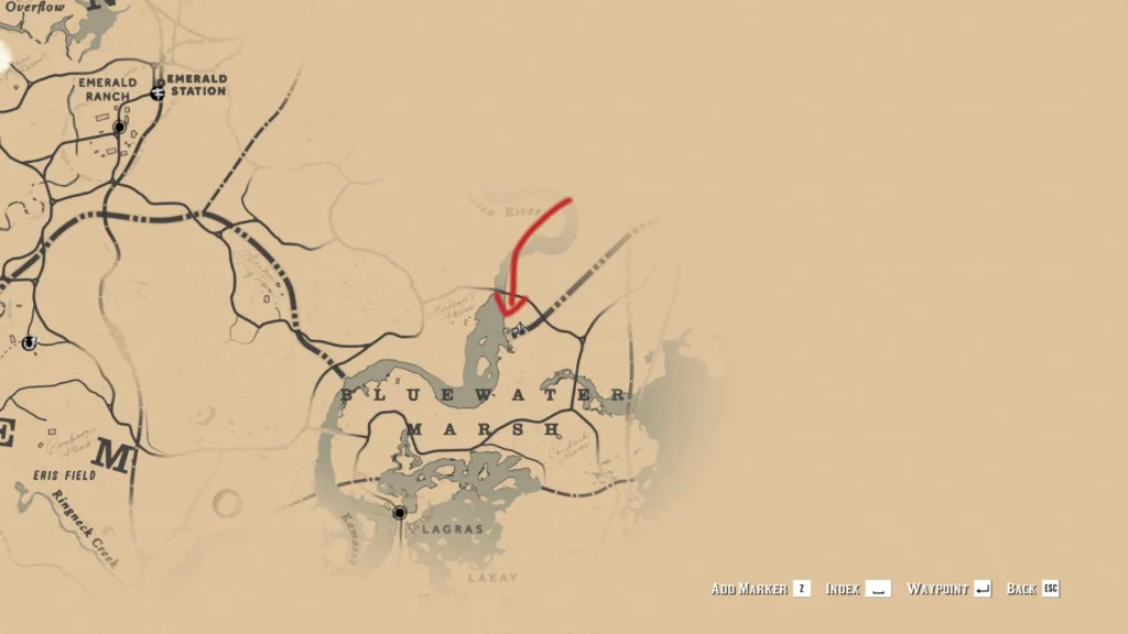 RDR2 map showing Oleander Sage location north of Lagras in Bayou Nwa