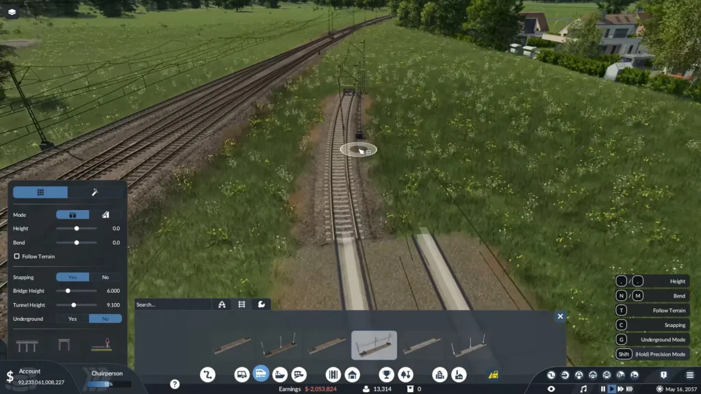 Rail track with catenary coming out of a tram only road in Transport Fever 3