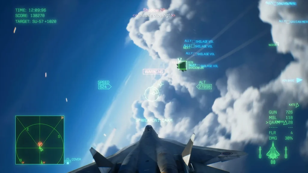 Shadow Su 57 mid kulbit firing a missile backward in Ace Combat 8