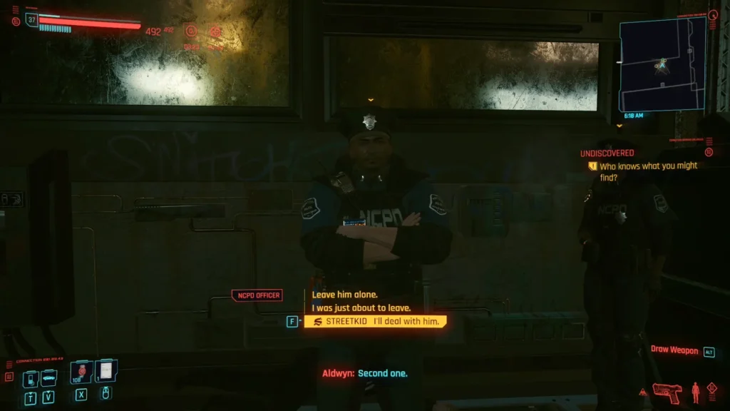 Streetkid dialogue option to deal with NCPD officers peacefully during the Only Pain side job in Cyberpunk 2077.