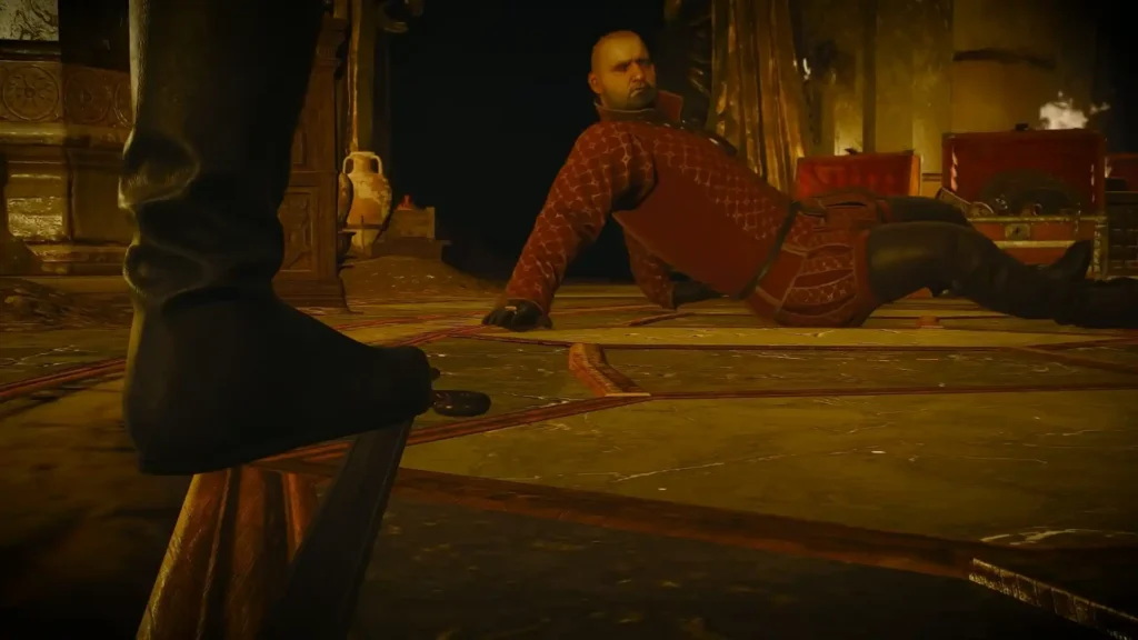 one of Witcher 3's Best Sword under an NPC's boot