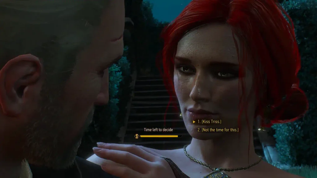 The Witcher 3 Geralt and Triss kiss scene at the ball