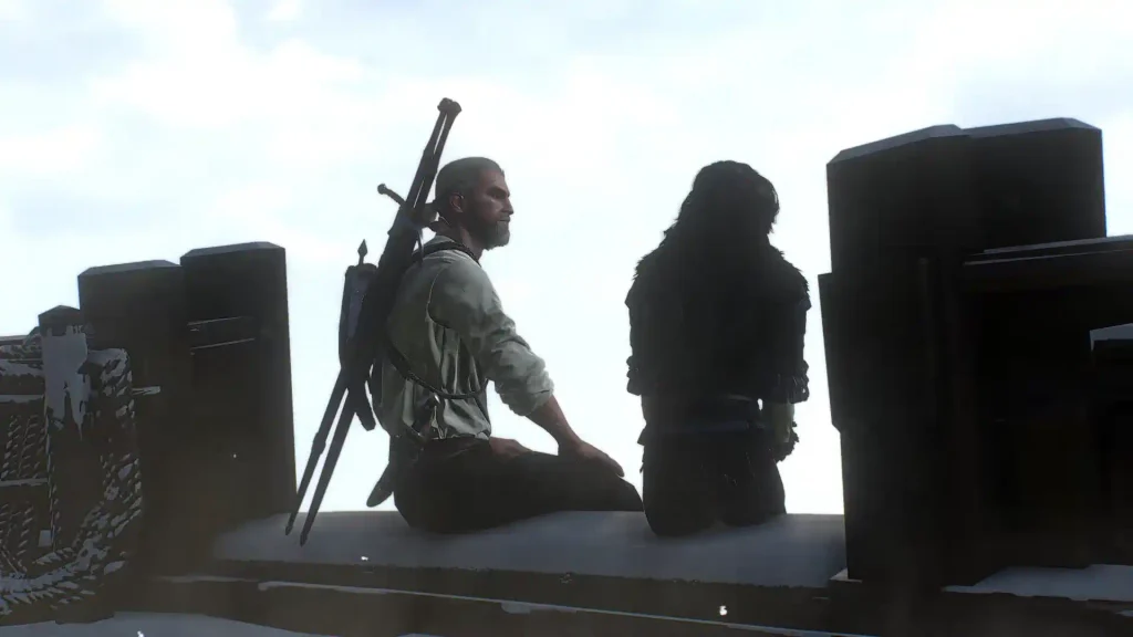 Geralt sits next to Yennefer