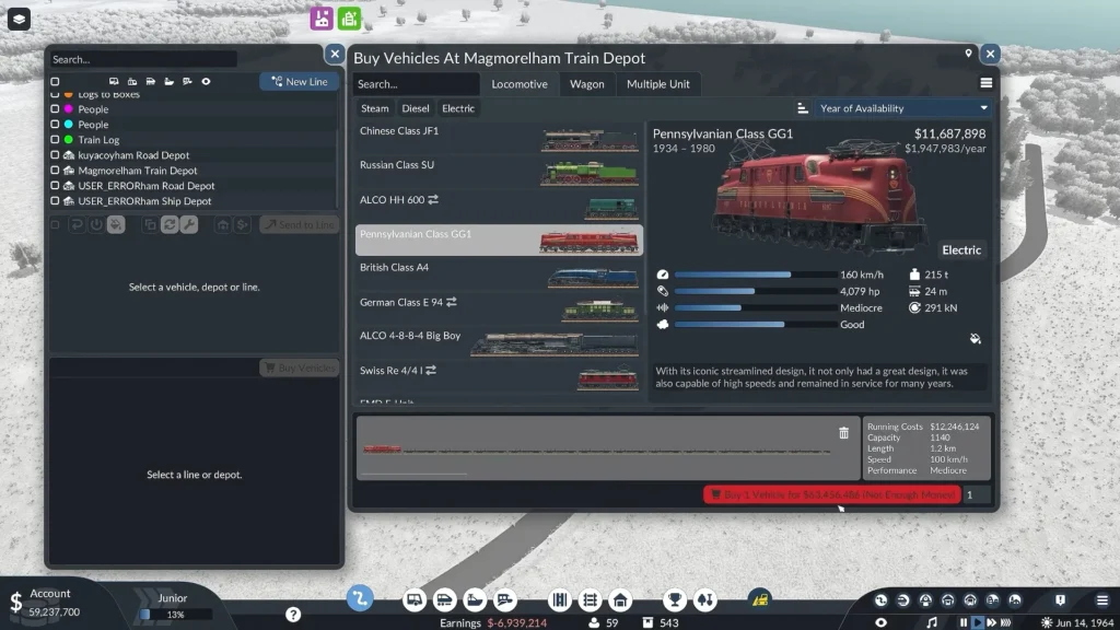 Transport Fever 3 train buy window showing a Poor Performance rating after adding wagons