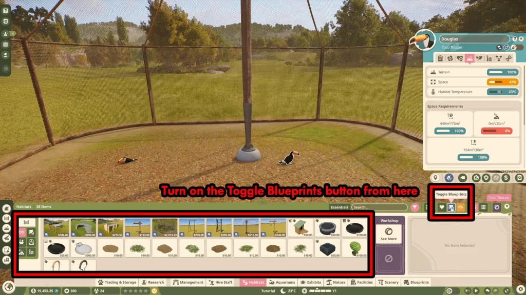 Turn on the Toggle Blueprints button in Planet Zoo 2