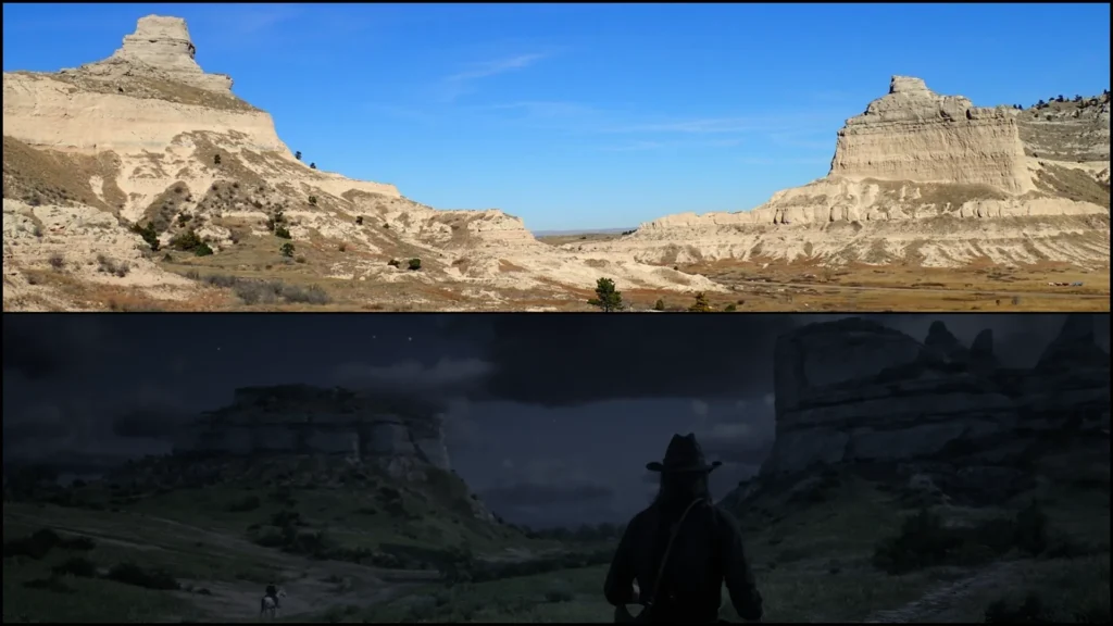 Twin Stacks Pass rock formation in RDR2 compared with a similar rock formation in Nebraska
