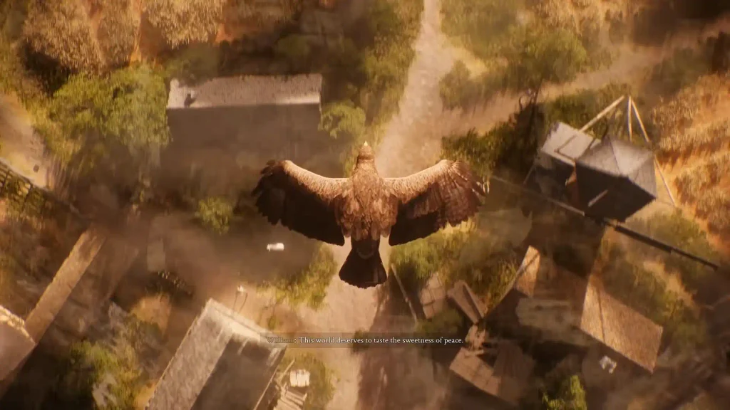 Hawk flying over the village