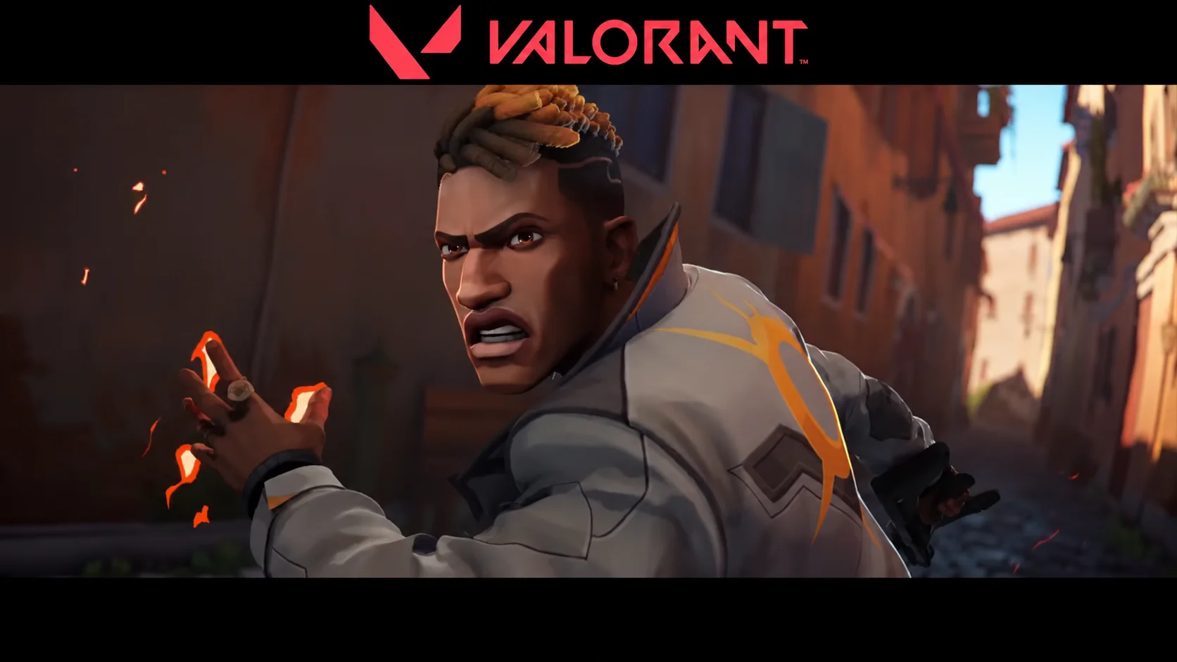 Valorant Agent in a Fiery Alleyway