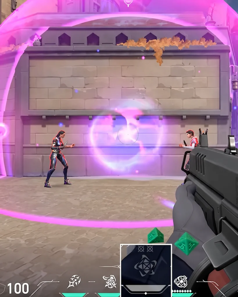 Valorant Hush abilities showcase showing the Displacement skill creating a glowing pink energy field near a staircase