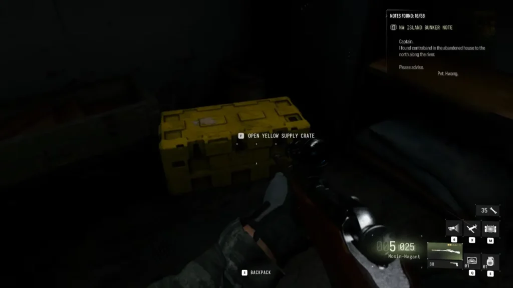 Yellow Supply Crate inside the MW4 Island Hidden Bunker, with the NW Island Bunker Note displayed on screen