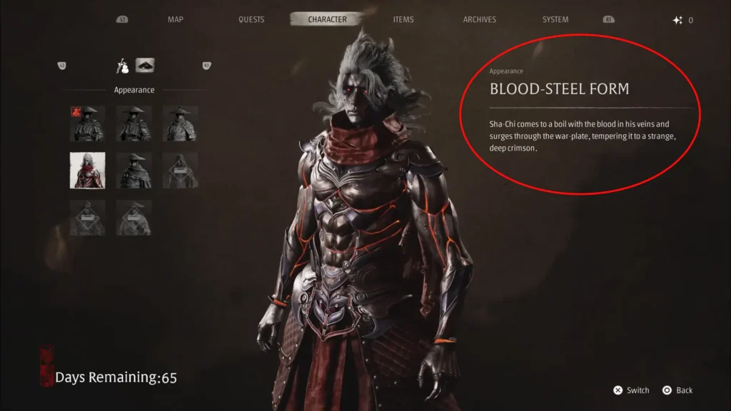 blood steel form as it appears in the Appearance menu with the description