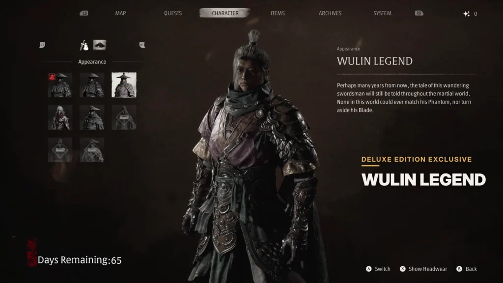 wulin legend as it appears in the Appearance menu