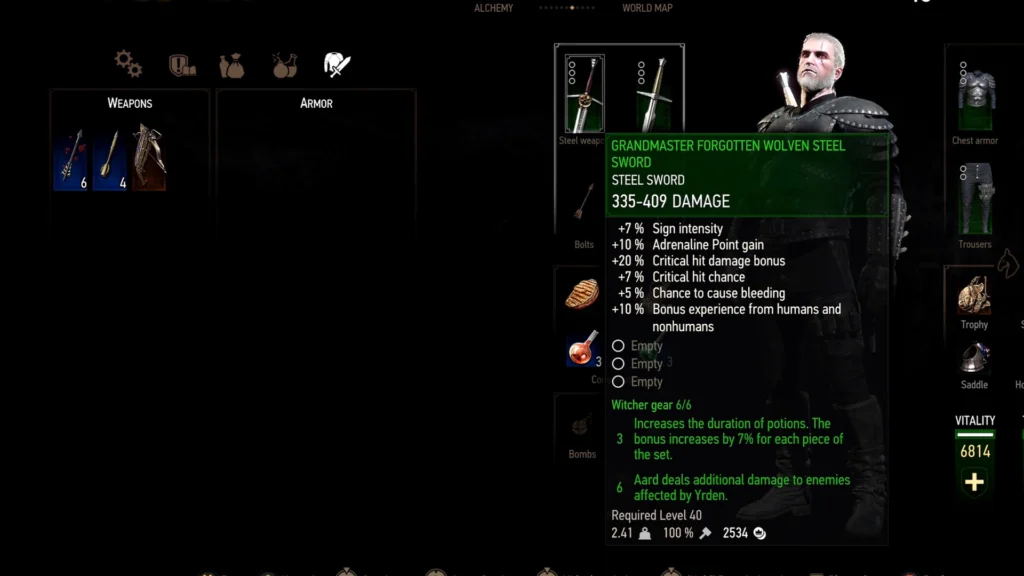 Geralt equipping the Forgotten Wolf Steel Sword
