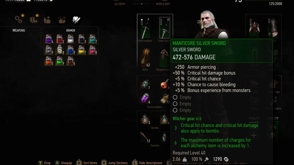 Geralt equipping the Manticore Silver Sword