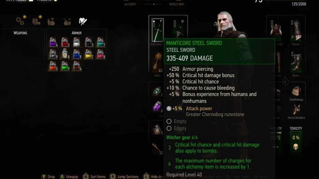 Geralt equipping the Manticore Steel Sword