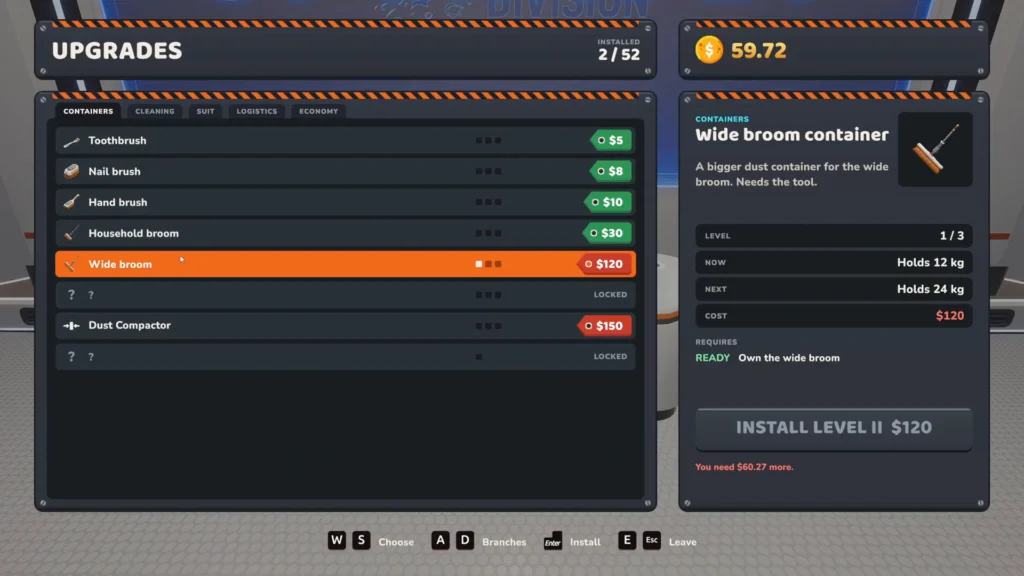 The Upgrade Matrix menu