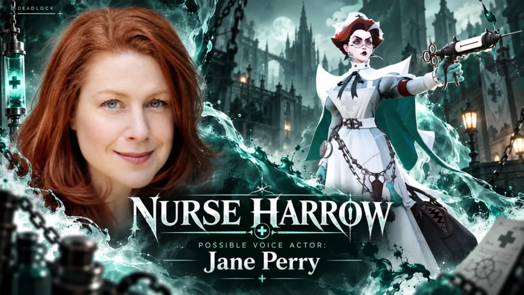 Jane Perry pictured beside Nurse Harrow from Deadlock as a potential voice actress for the mysterious hero.