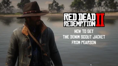 Arthur wearing Pearson's unique denim Scout Jacket in RDR2.