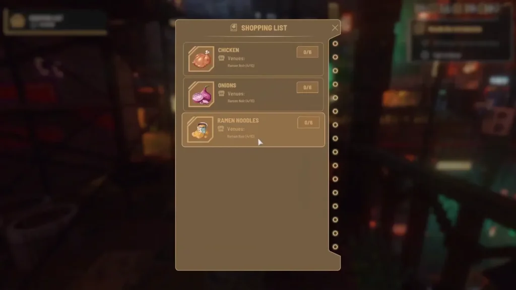shopping list of Nivalis Nights