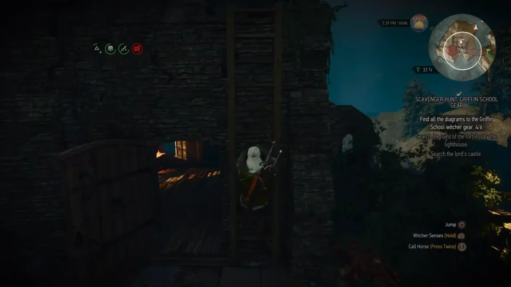 Geralt climbing up the ladder to the diagram