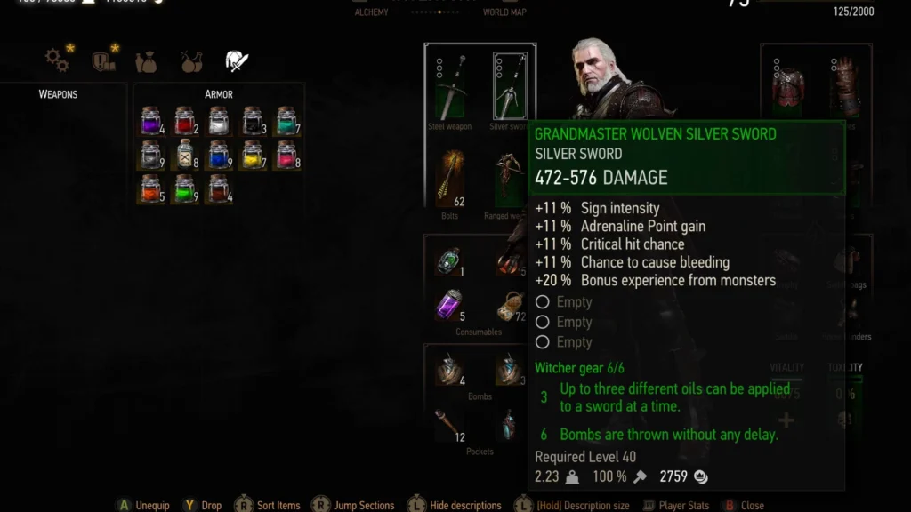 Geralt equipping the Wolf Silver Sword